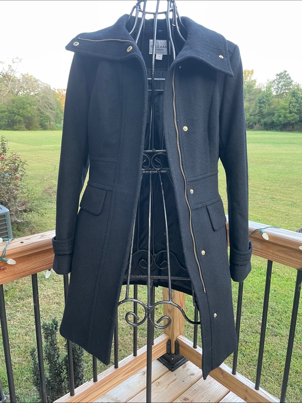 Cole Haan Black Wool-Blend Trench Coat with Gold Hardware